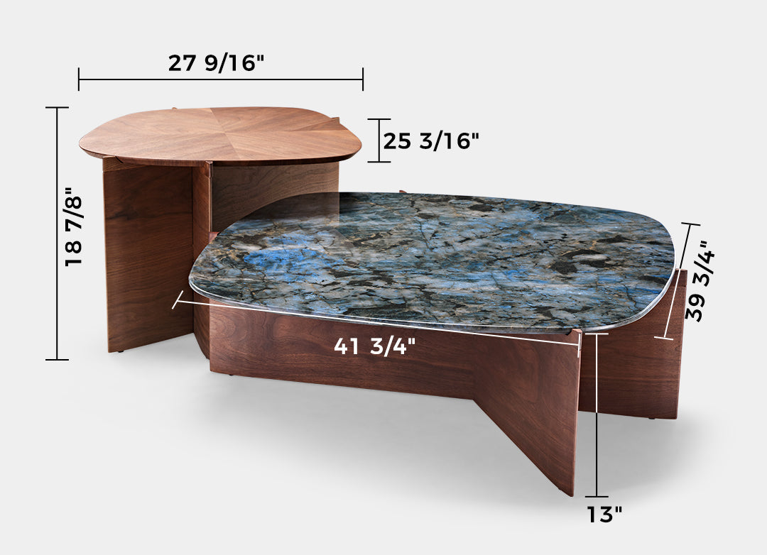 Eureka 41" CT04 Walnut & Blue Jade Marble Irregular Coffee Table with Side Table Set