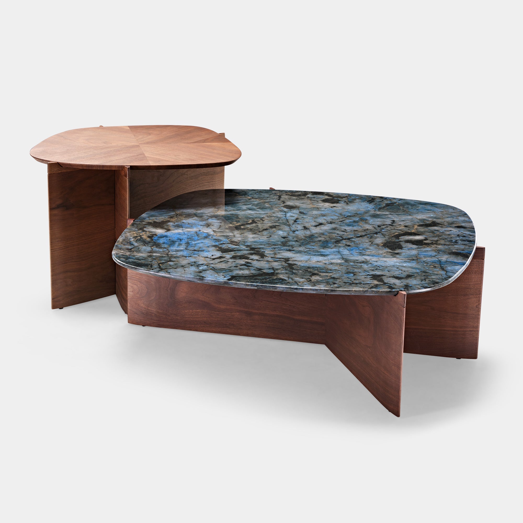 Eureka 41" CT04 Walnut & Blue Jade Marble Irregular Coffee Table with Side Table Set