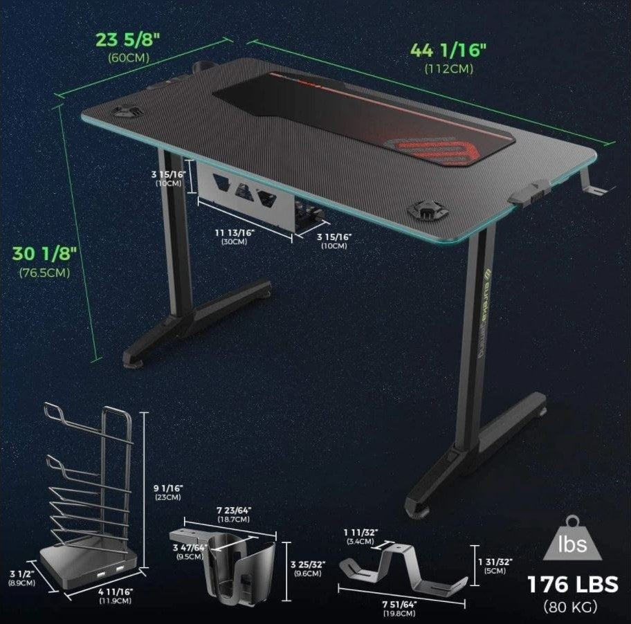 Eureka Ergonomic GIP-44B Gaming Desk with RGB lighting, USB Ports, 112cm(W), Cup Holder & Dual Headset Hook