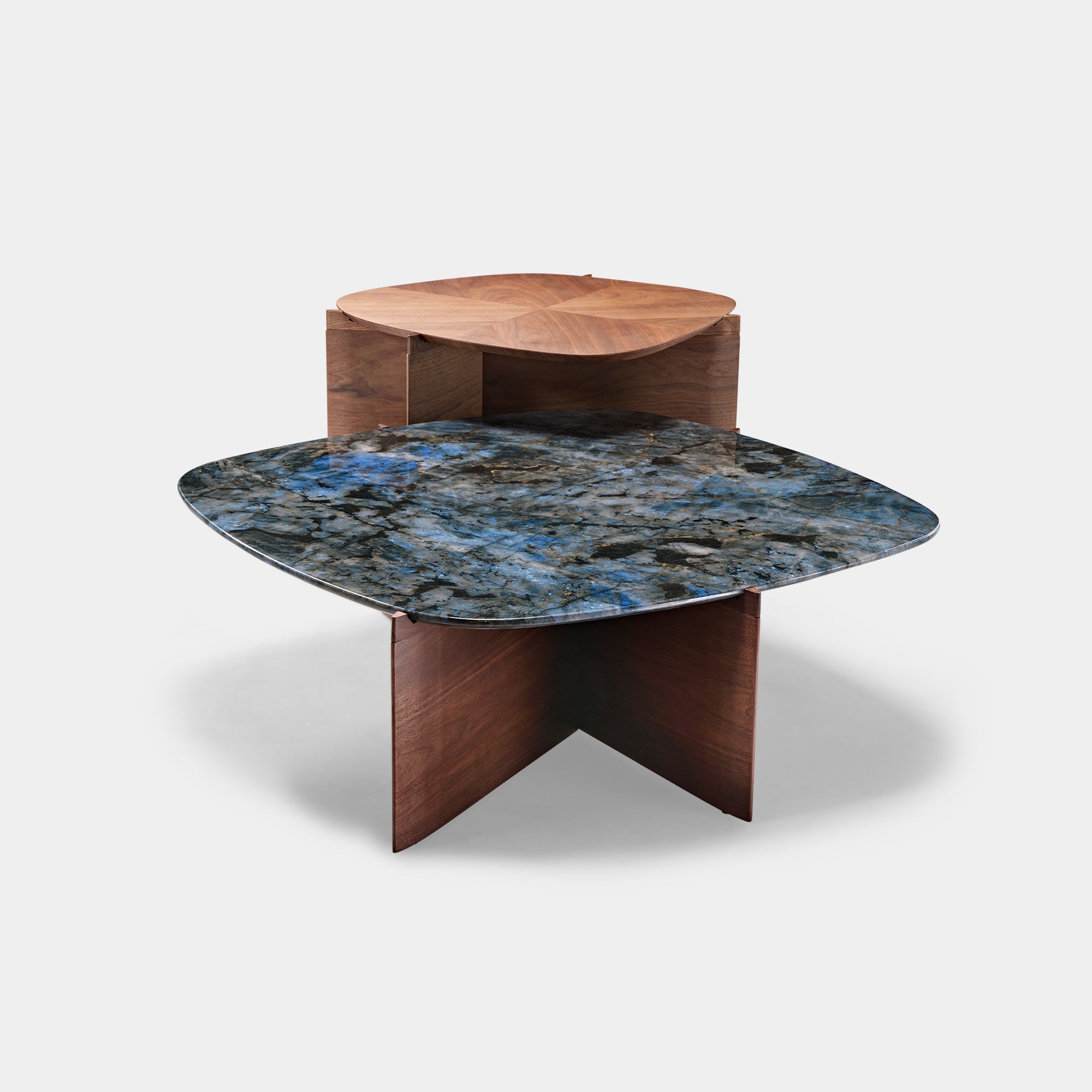 Eureka 41" CT04 Walnut & Blue Jade Marble Irregular Coffee Table with Side Table Set