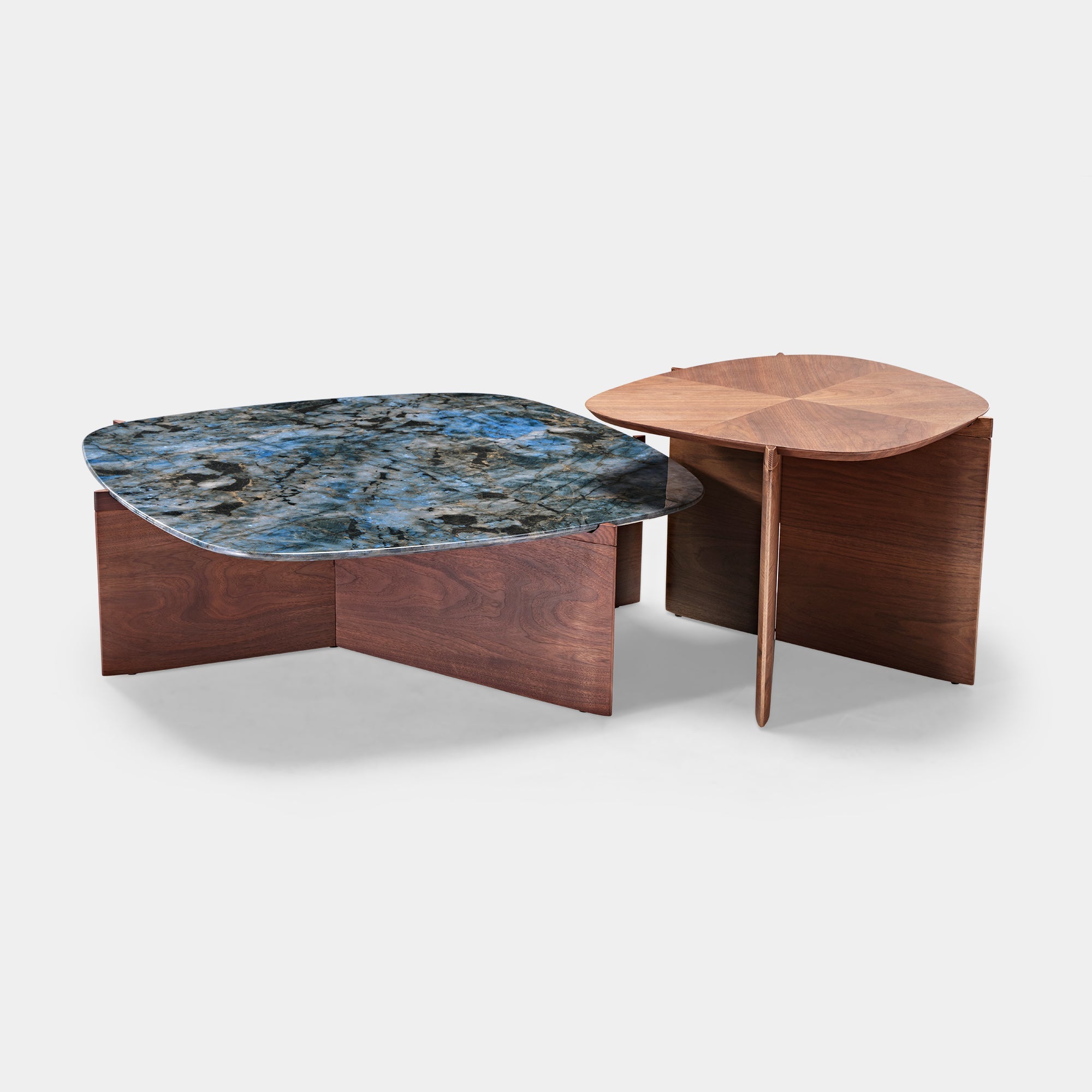 Eureka 41" CT04 Walnut & Blue Jade Marble Irregular Coffee Table with Side Table Set