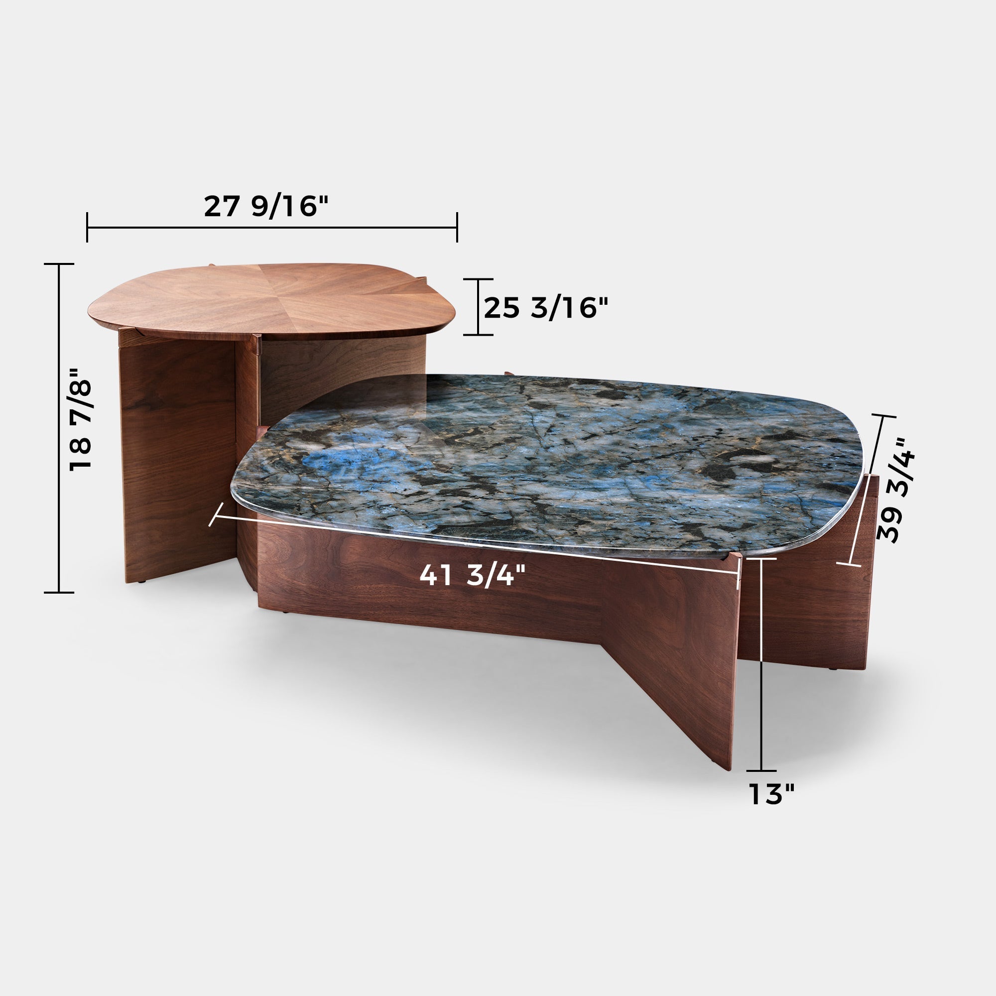 Eureka 41" CT04 Walnut & Blue Jade Marble Irregular Coffee Table with Side Table Set
