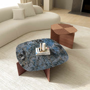 Eureka 41" CT04 Walnut & Blue Jade Marble Irregular Coffee Table with Side Table Set