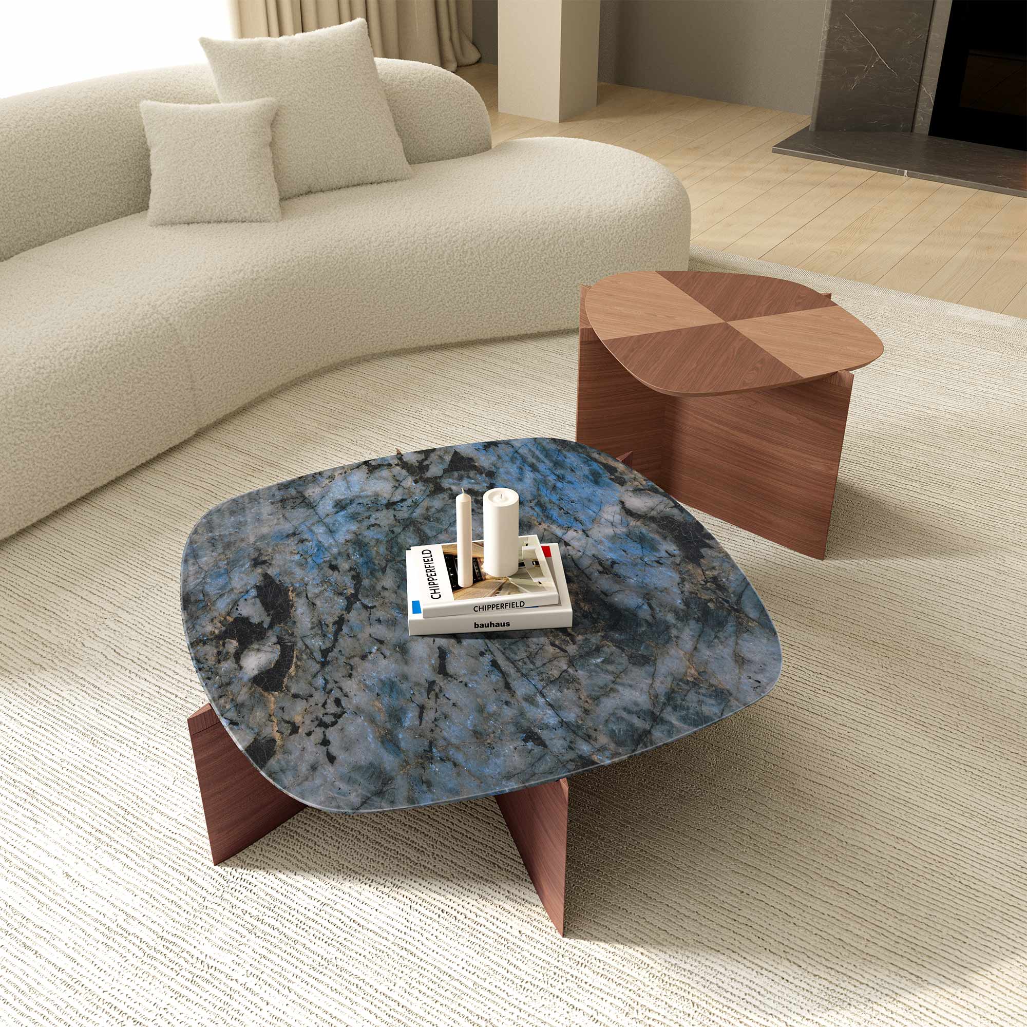 Eureka 41" CT04 Walnut & Blue Jade Marble Irregular Coffee Table with Side Table Set