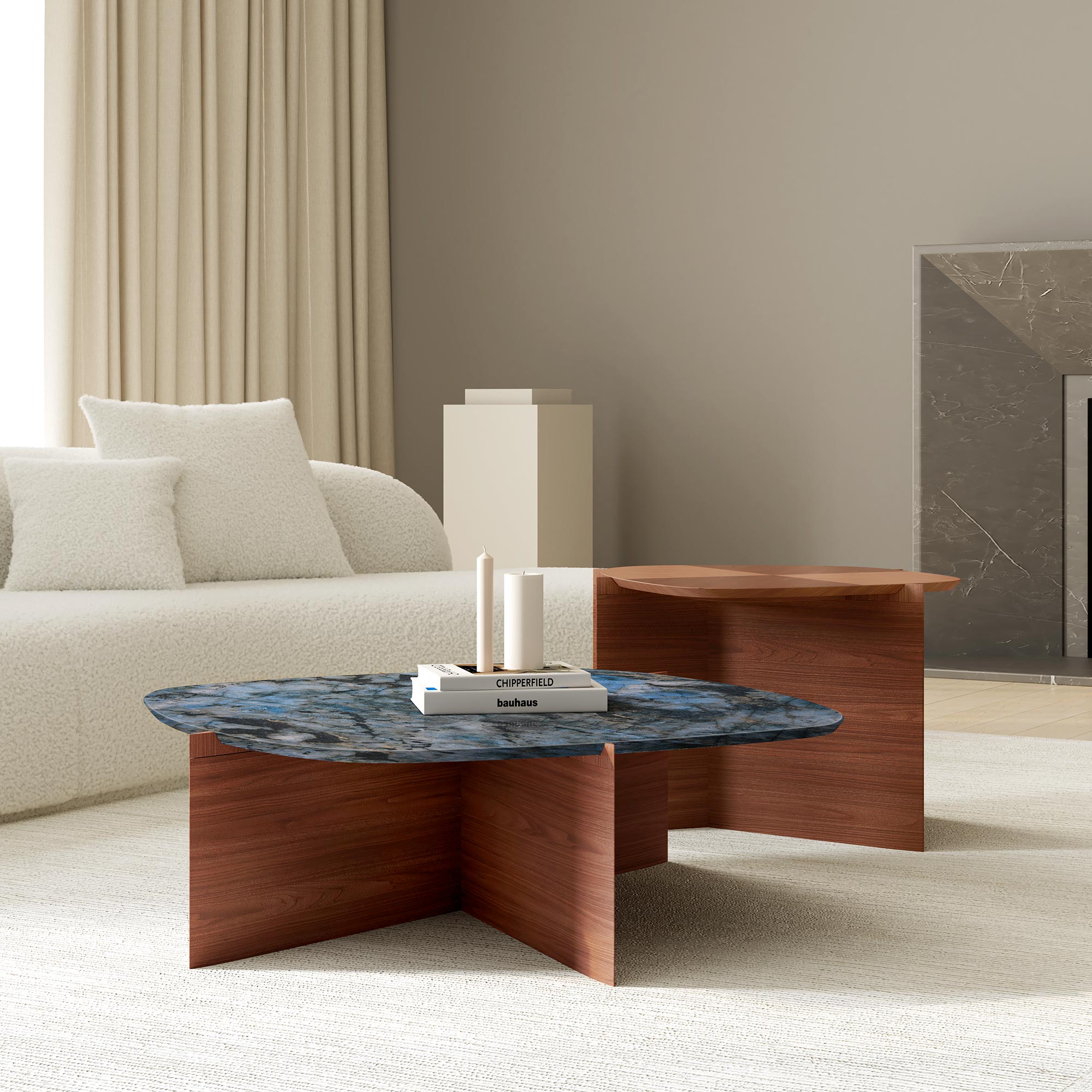 Eureka 41" CT04 Walnut & Blue Jade Marble Irregular Coffee Table with Side Table Set