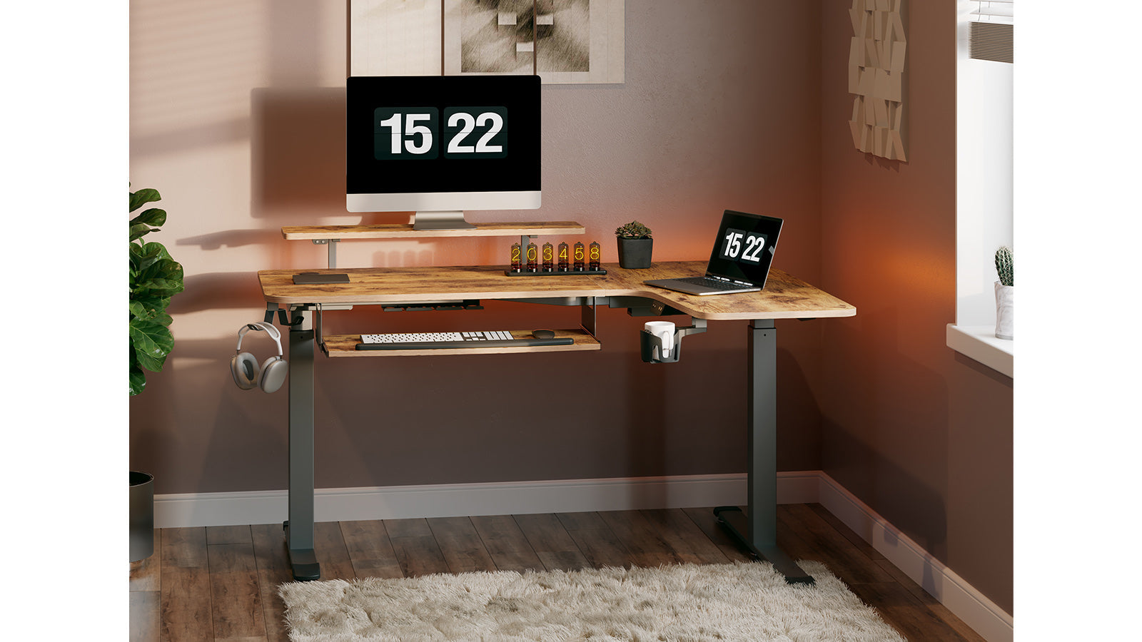 Eureka 60" L Shaped Electric Standing Rustic Brown Desk - Right