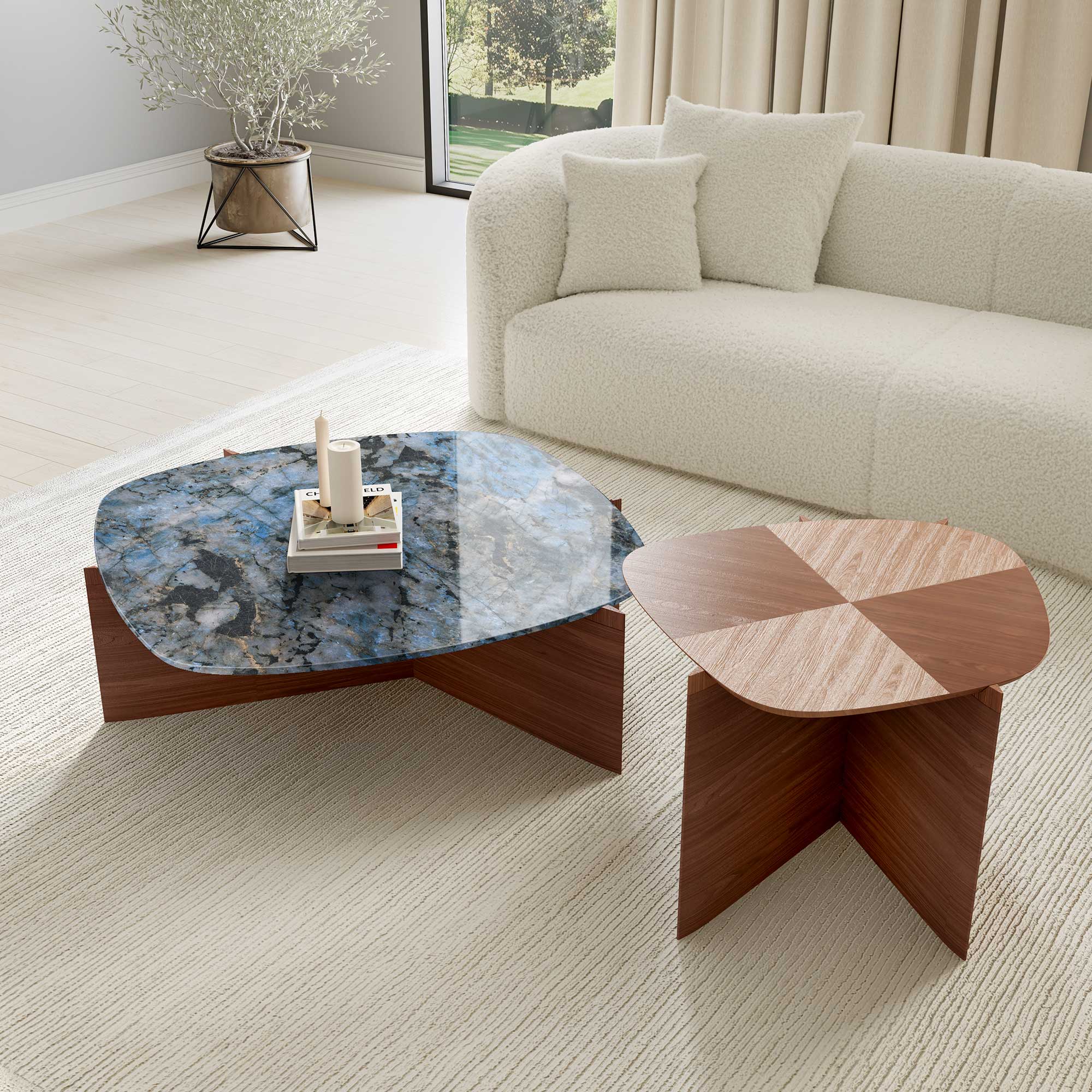 Eureka 41" CT04 Walnut & Blue Jade Marble Irregular Coffee Table with Side Table Set