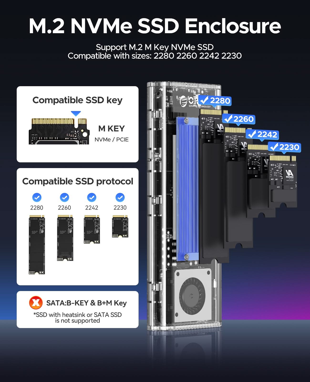 ORICO TCM2-U4 Transparent USB4 40Gbps M.2 NVMe SSD  Enclosure With Cooling Fan - Orico