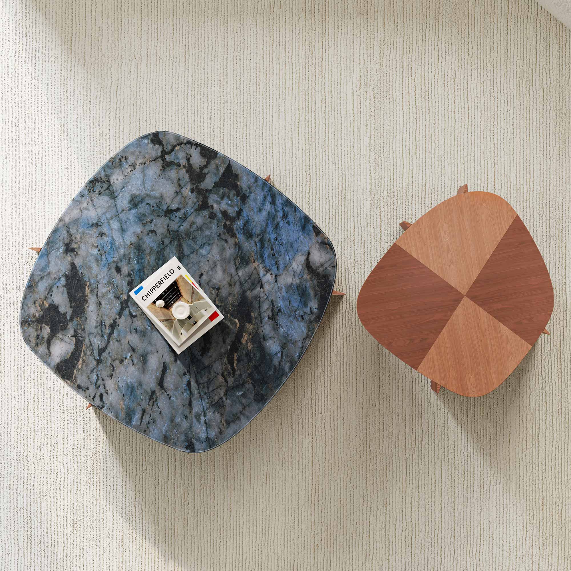 Eureka 41" CT04 Walnut & Blue Jade Marble Irregular Coffee Table with Side Table Set