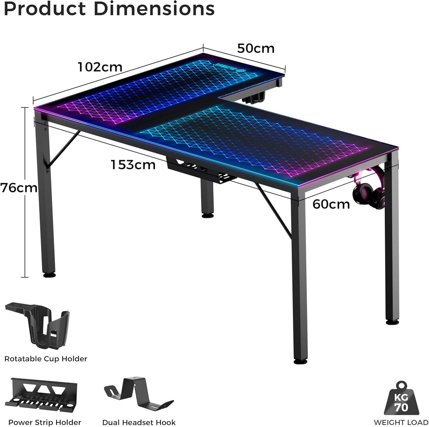 Eureka GTG L Shaped Glass LED Gaming Desk