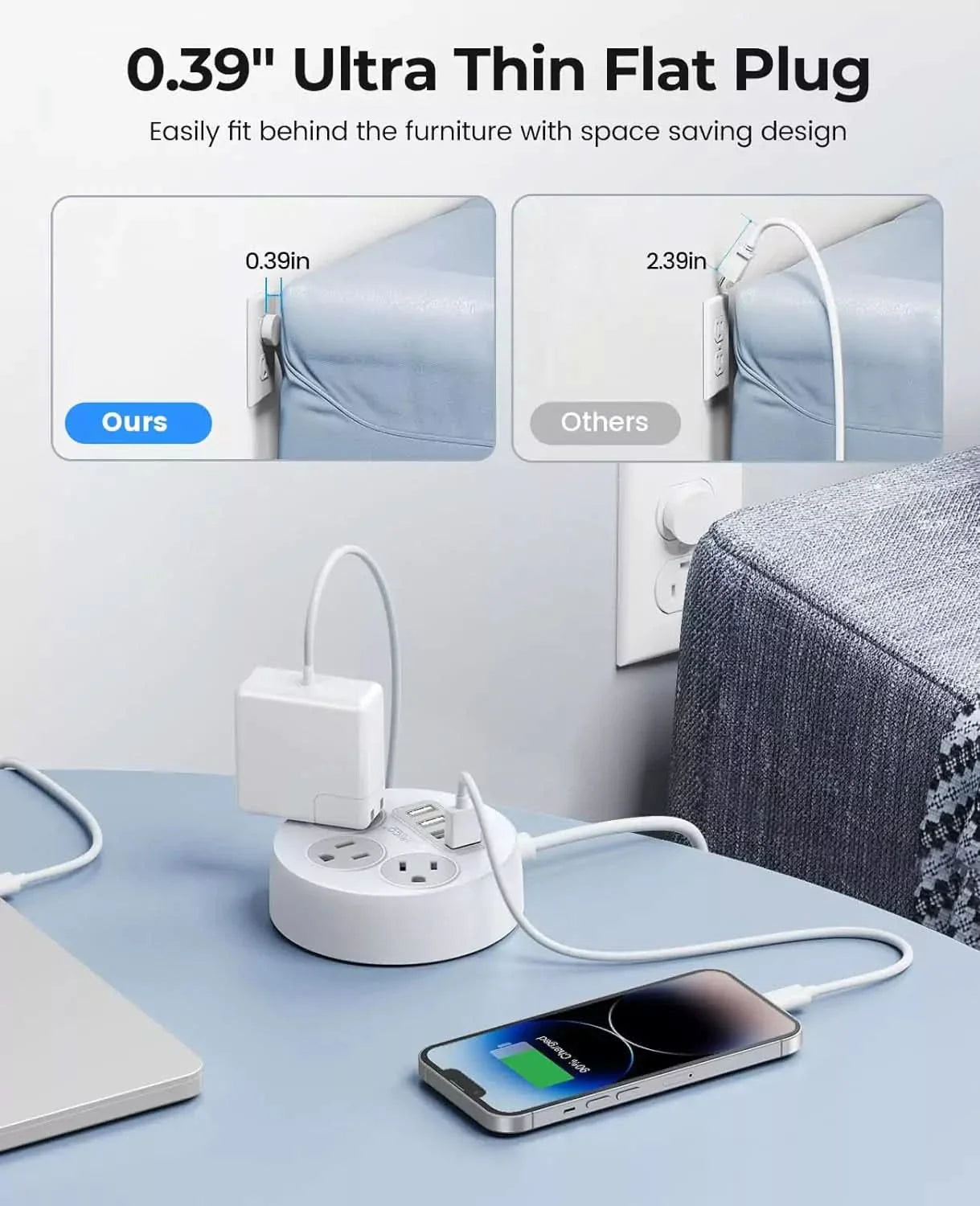 ORICO 7 in 1 Flat Plug Travel Power Strip with USB Ports - Orico