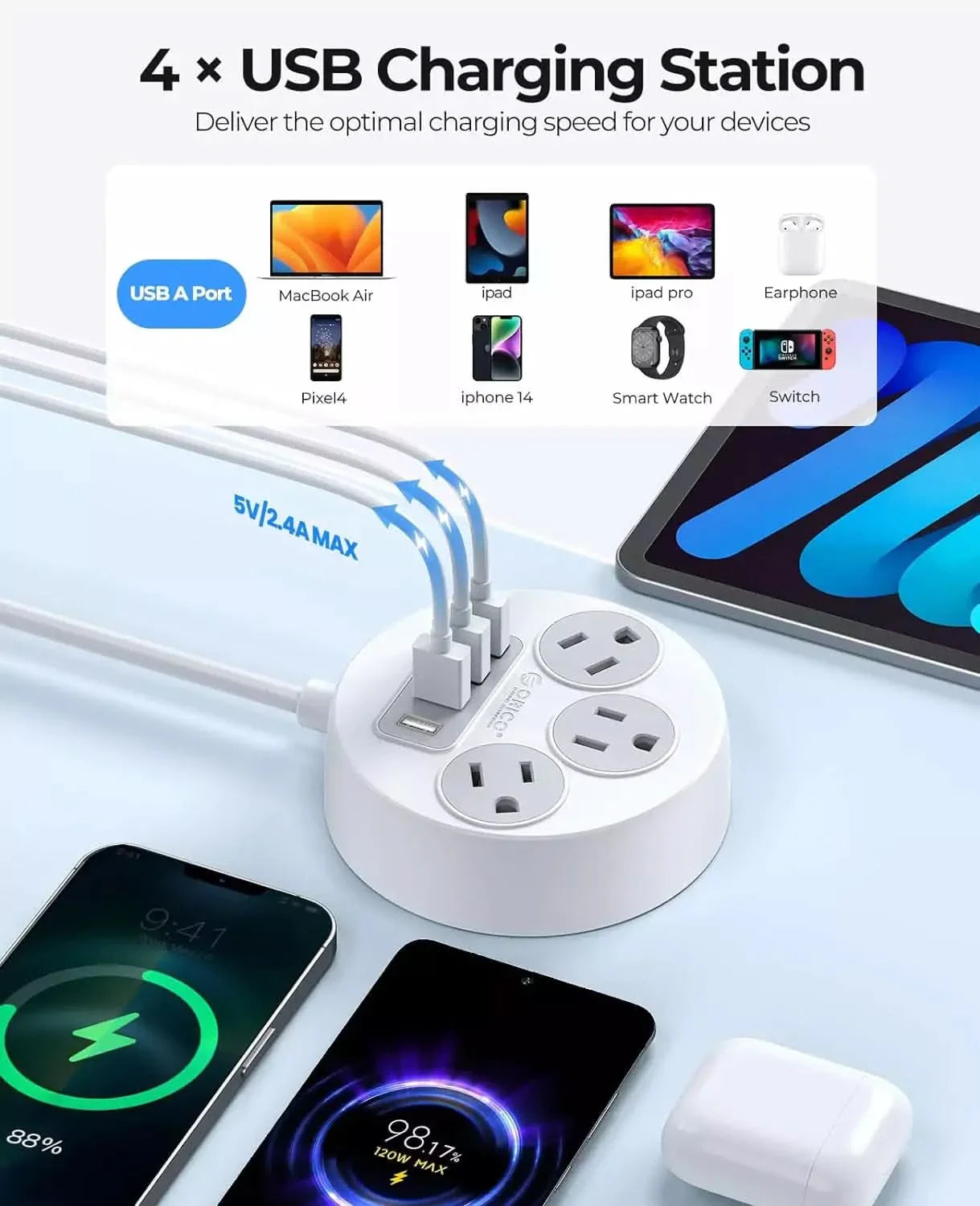 ORICO 7 in 1 Flat Plug Travel Power Strip with USB Ports - Orico