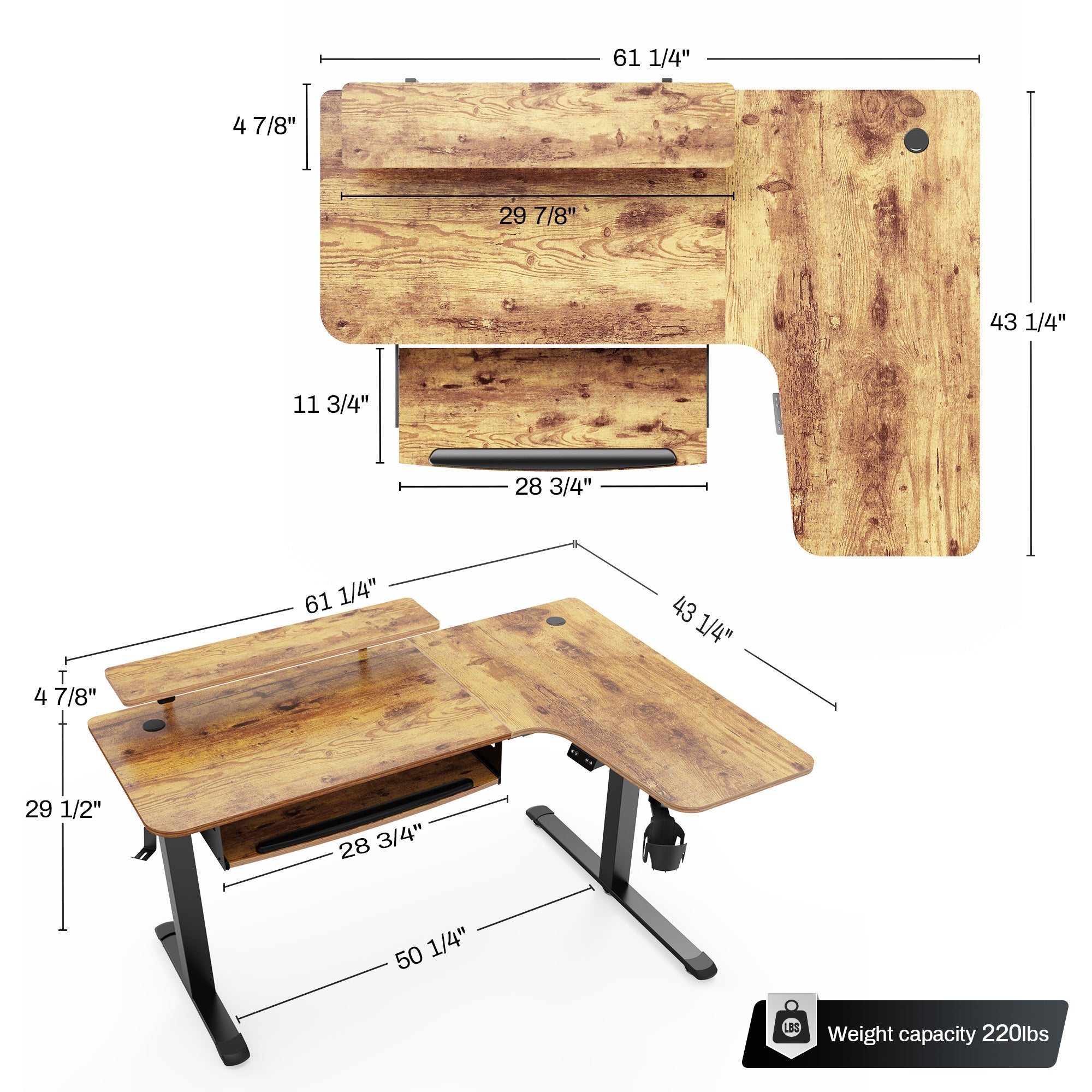 Eureka 60" L Shaped Electric Standing Rustic Brown Desk - Right