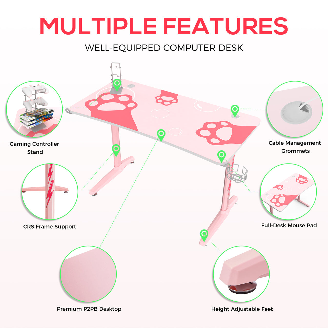 Eureka Ergonomic GIP-P47 Gaming Desk - Pink /120 x 60 cm(W)