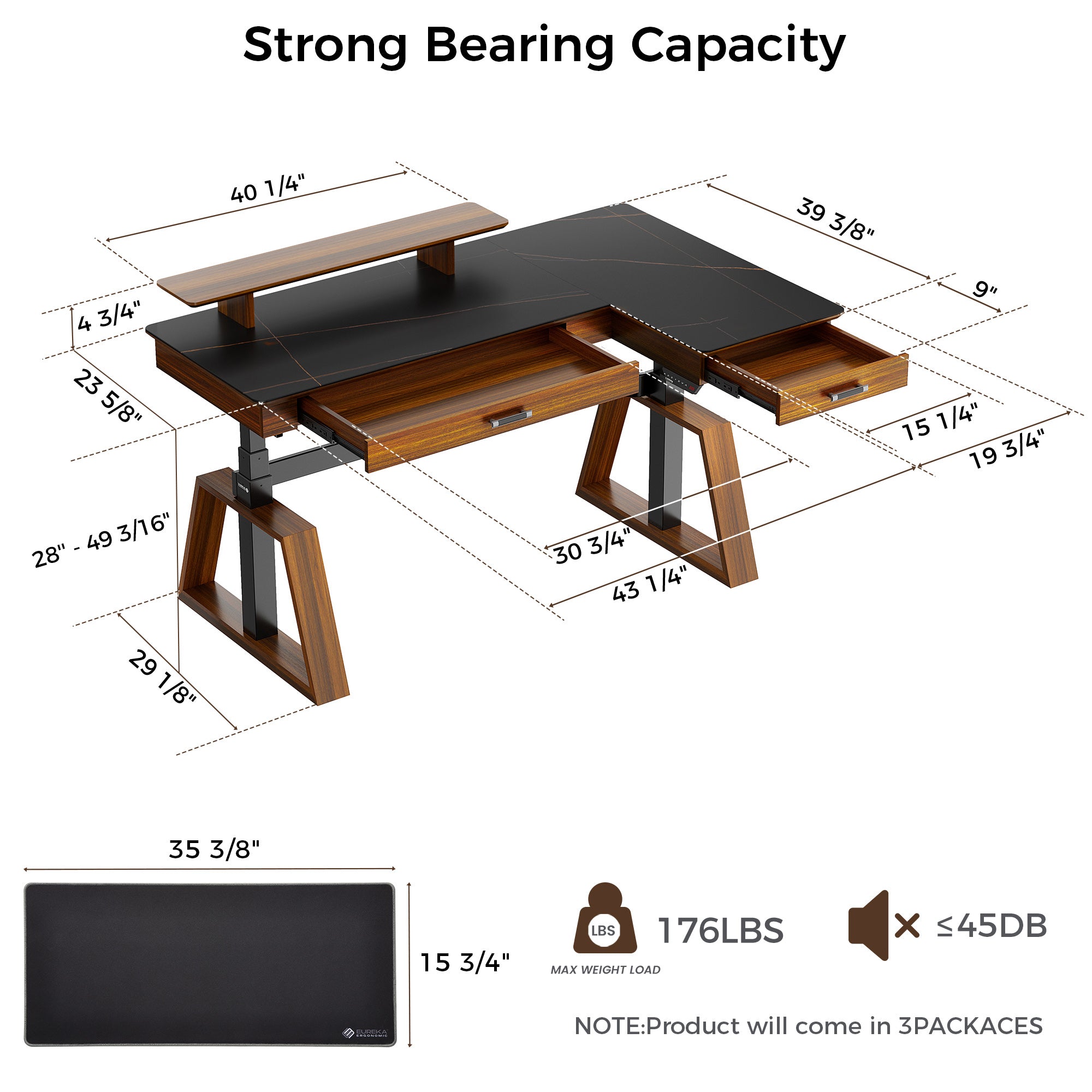 Eureka Ark Pro TX60L-B L Shaped Executive Slate Standing Desk with Two-Drawer - Left Side