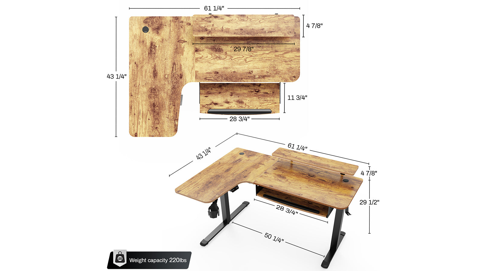 Eureka 60" L Shaped Electric Standing Rustic Brown Desk - Left Side /1155 x 1100 x 873
