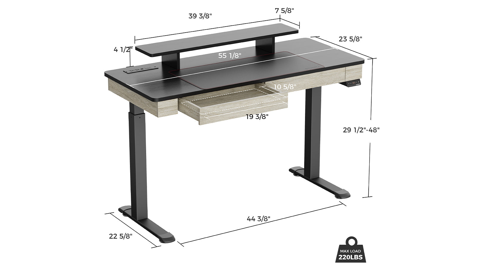 Eureka I55 Two-Drawer Electric Standing Desk - Rustic Grey *1PC/2CTNS