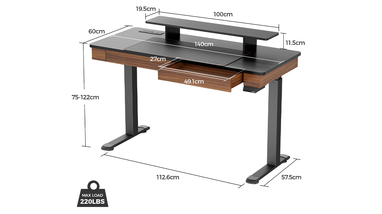 Eureka I55 Two-Drawer Electric Standing Desk - Walnut *1PC/2CTNS