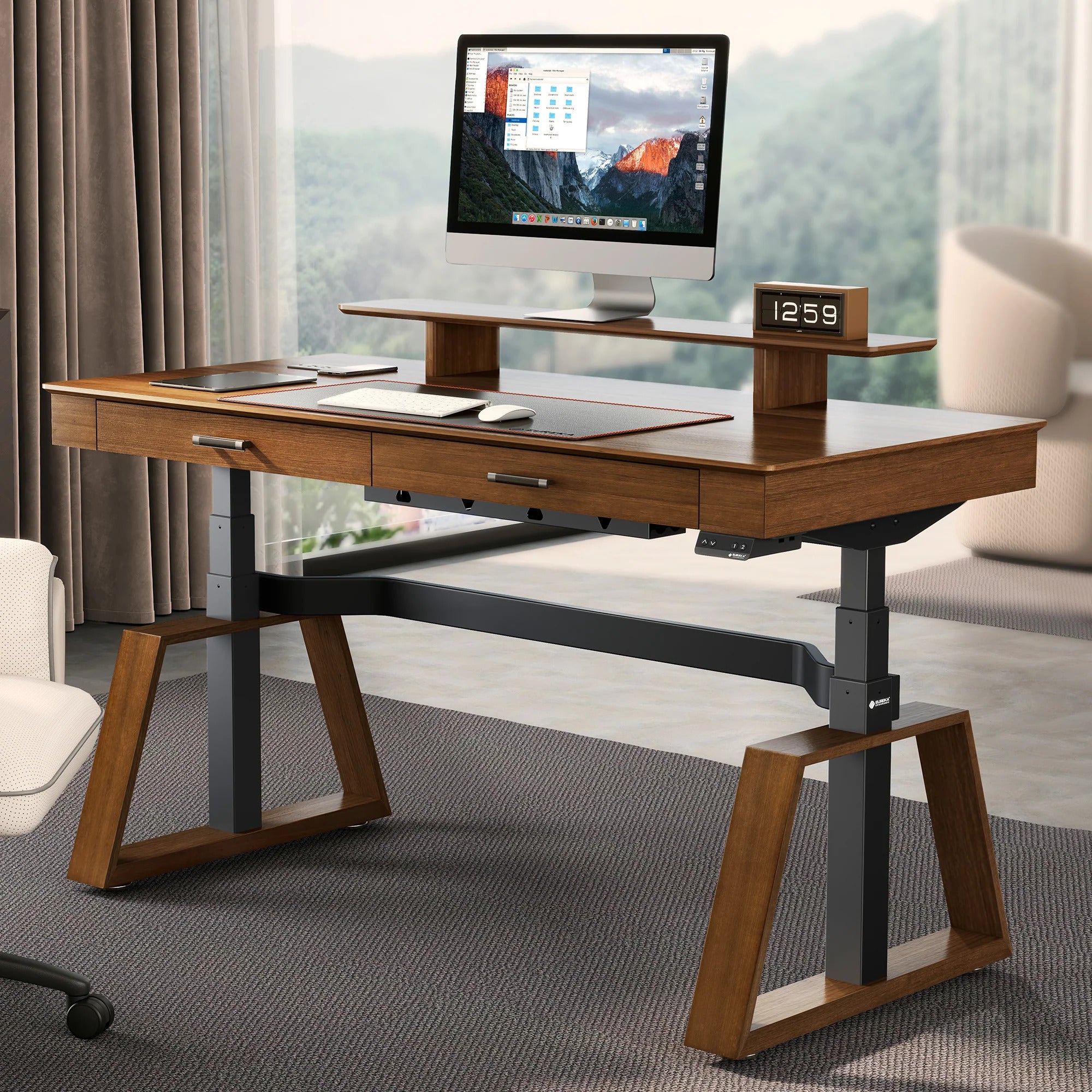 Eureka Aek Exceutive TX63 Trapezoid-Leg Two-Drawer Electric Standing Desk - Walnut *1PC/2CTNS