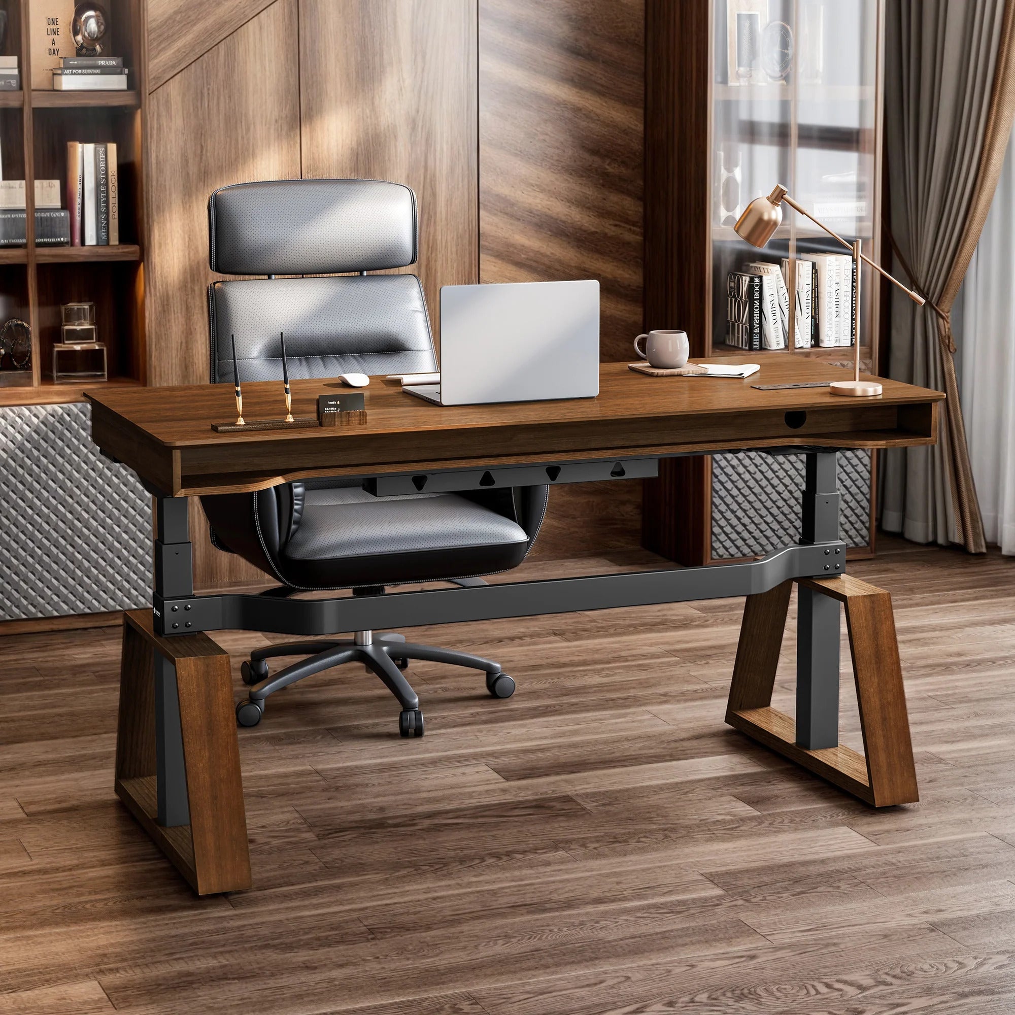 Eureka Aek Exceutive TX63 Trapezoid-Leg Two-Drawer Electric Standing Desk - Walnut *1PC/2CTNS
