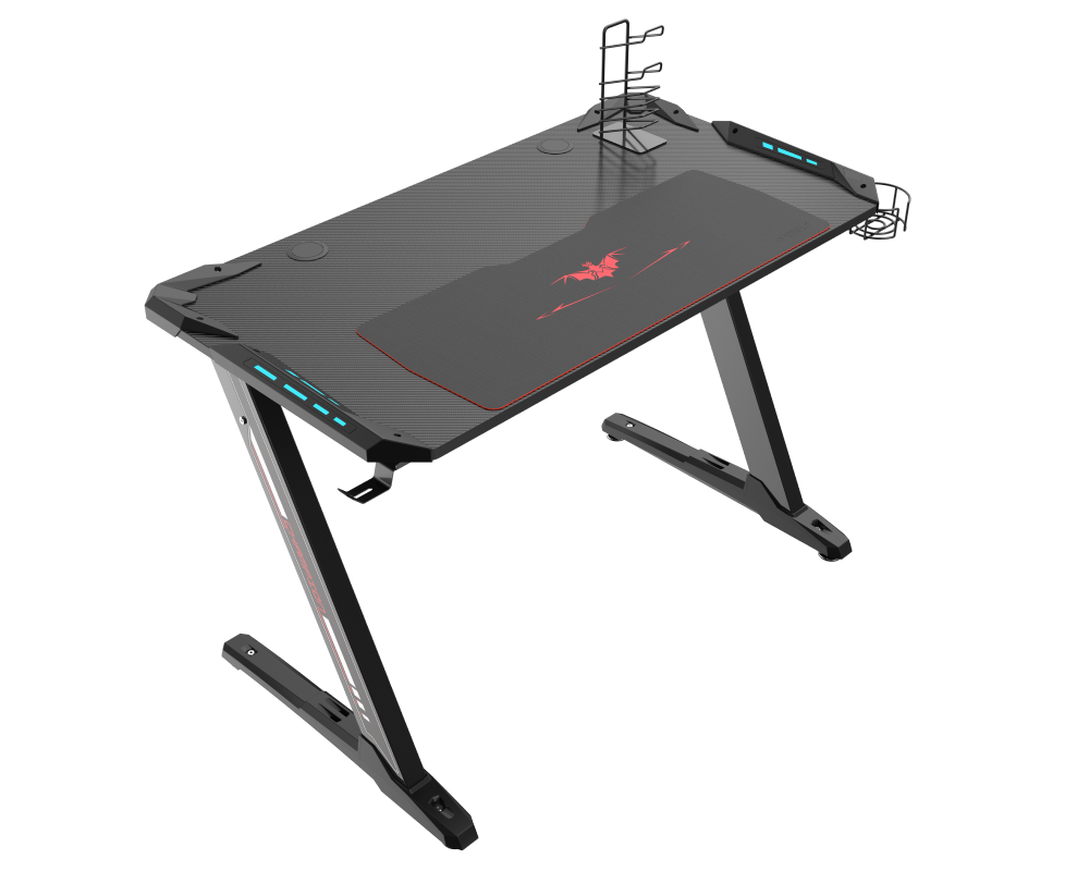 Eureka Ergonomic Z1-S BLACK Gaming Desk with Blue LED Lights, /113cm(W), Controller Stand, Cup Holder & Headphone Hook
