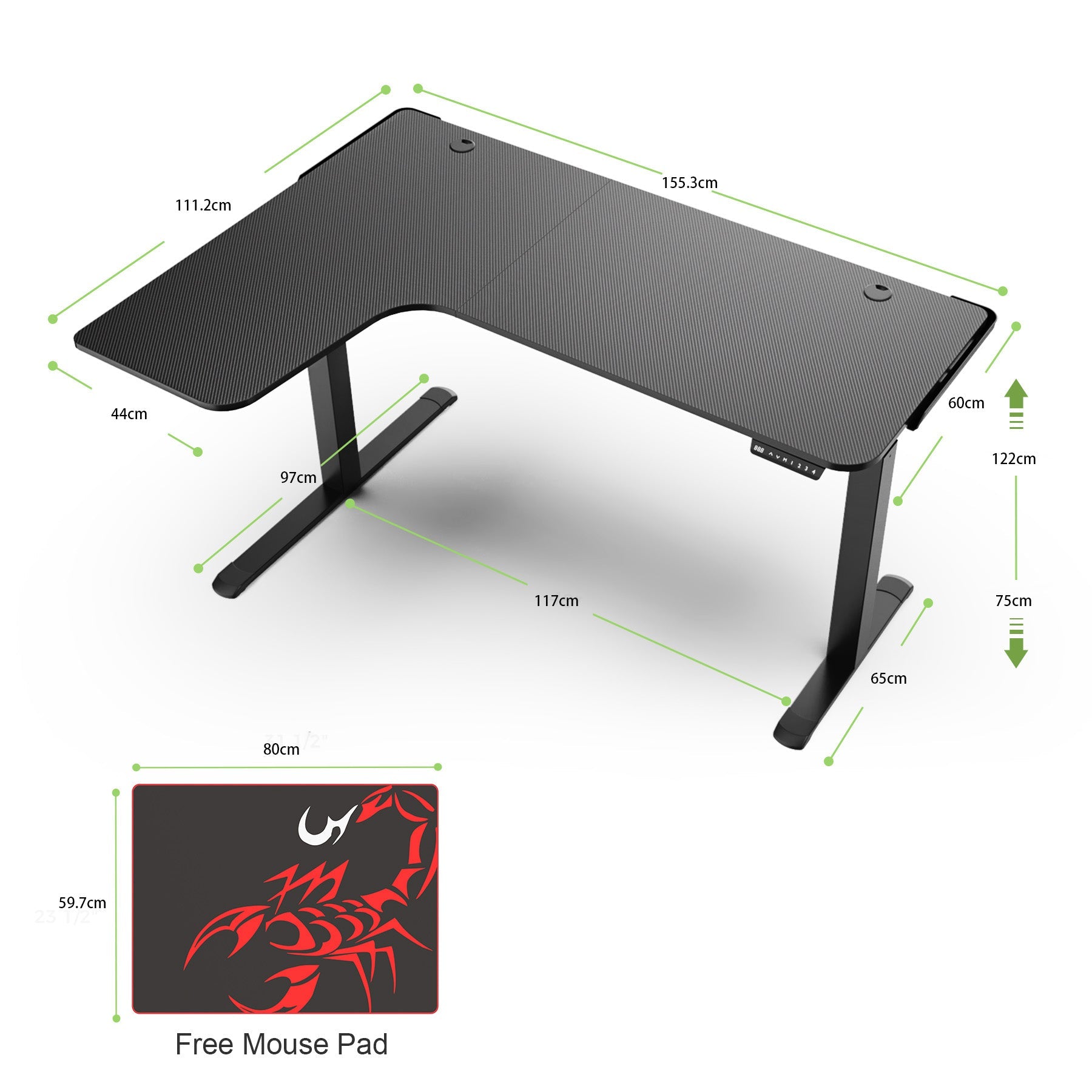 Eureka Ergonomic 60" L Shaped Electric Standing Desk - Left Side /1524 x 1100 x 750-1220