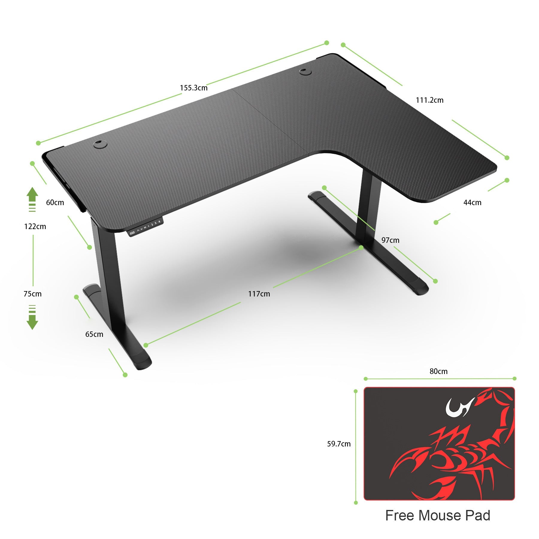 Eureka Ergonomic 60" L Shaped Electric Standing Desk - Right Side /1524 x 1100 x 750-1220