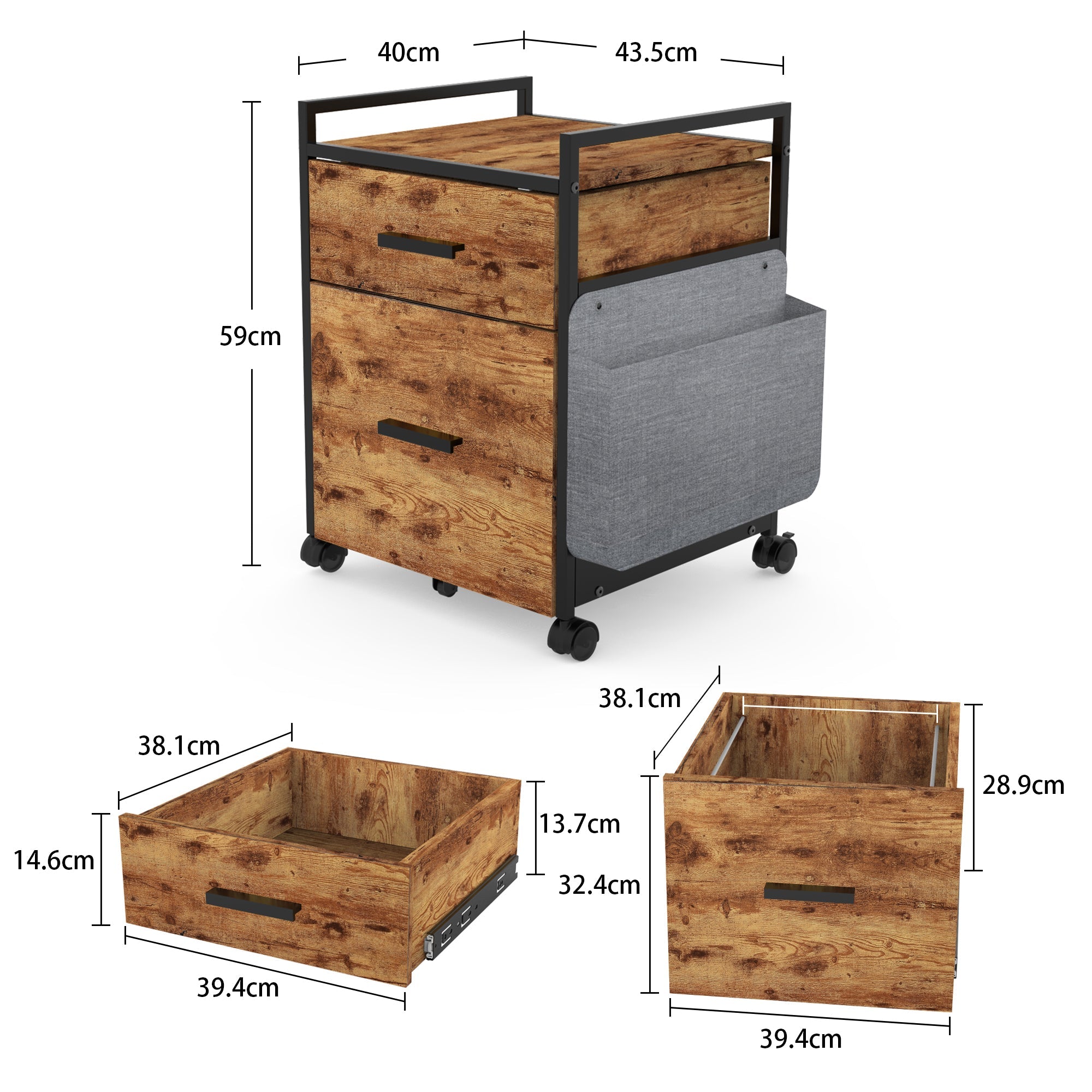 Eureka Rolling File Cabinet with Drawers - Rustic Brown