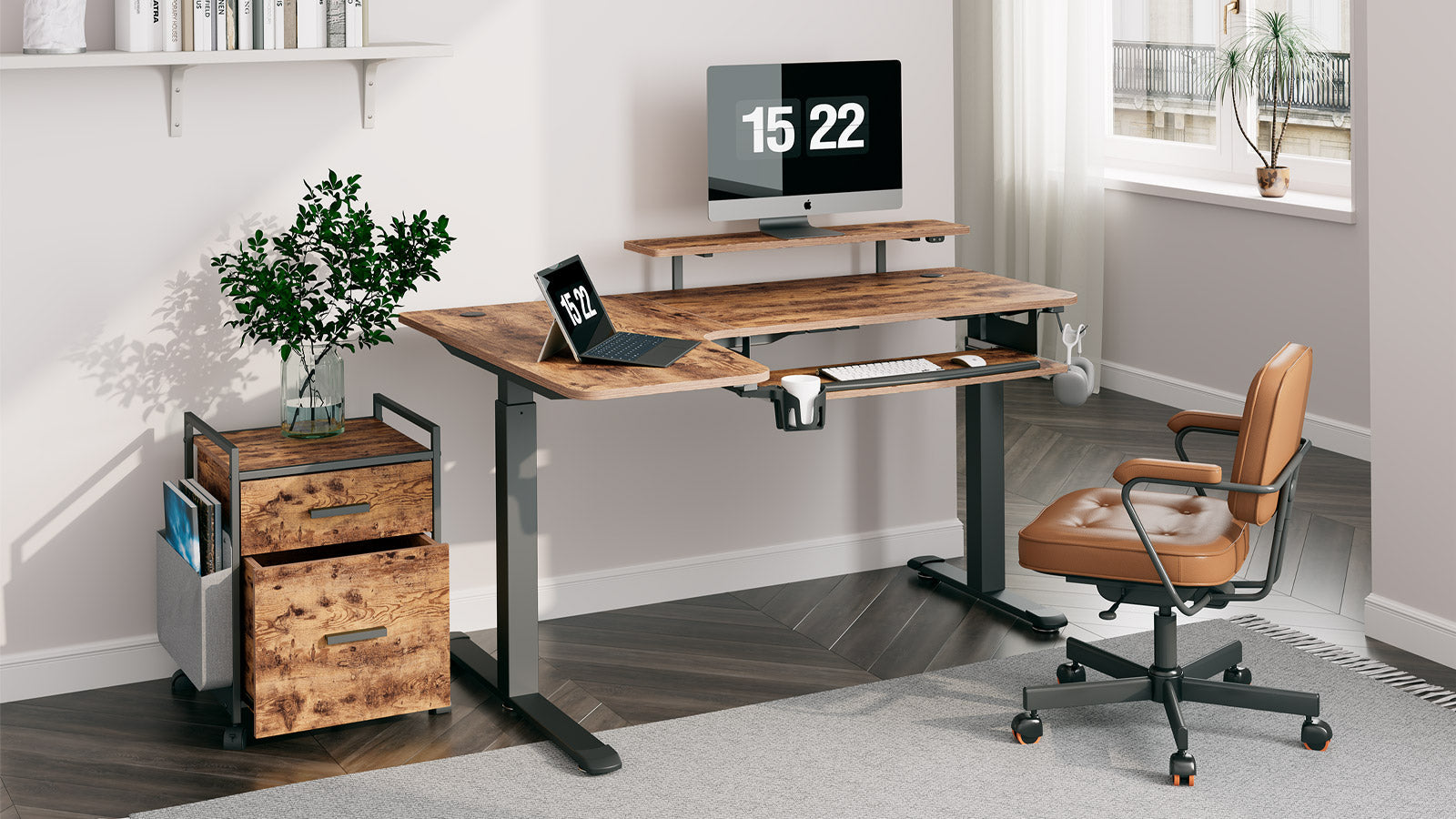 Eureka Rolling File Cabinet with Drawers - Rustic Brown