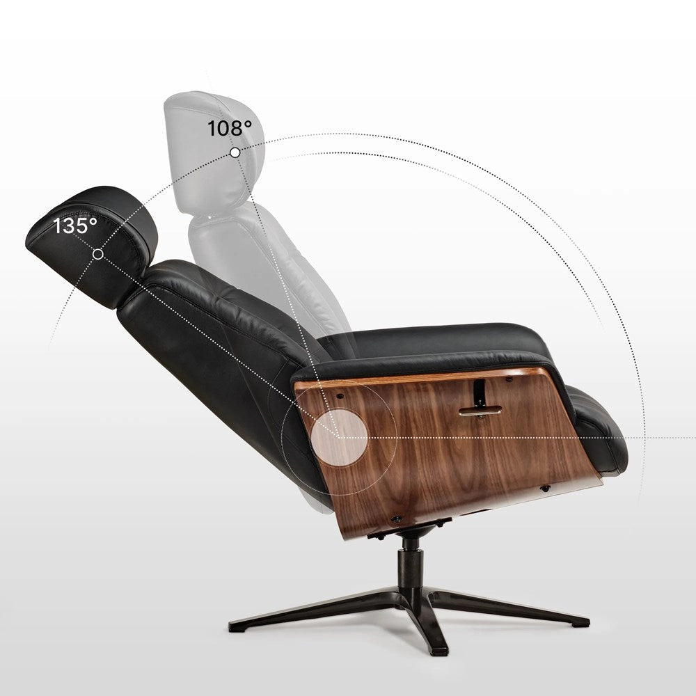 Eureka Matteo Black LC30 Genuine Leather Reclining Swivel Lounge Chair with Adjustable Headrest & Ottoman