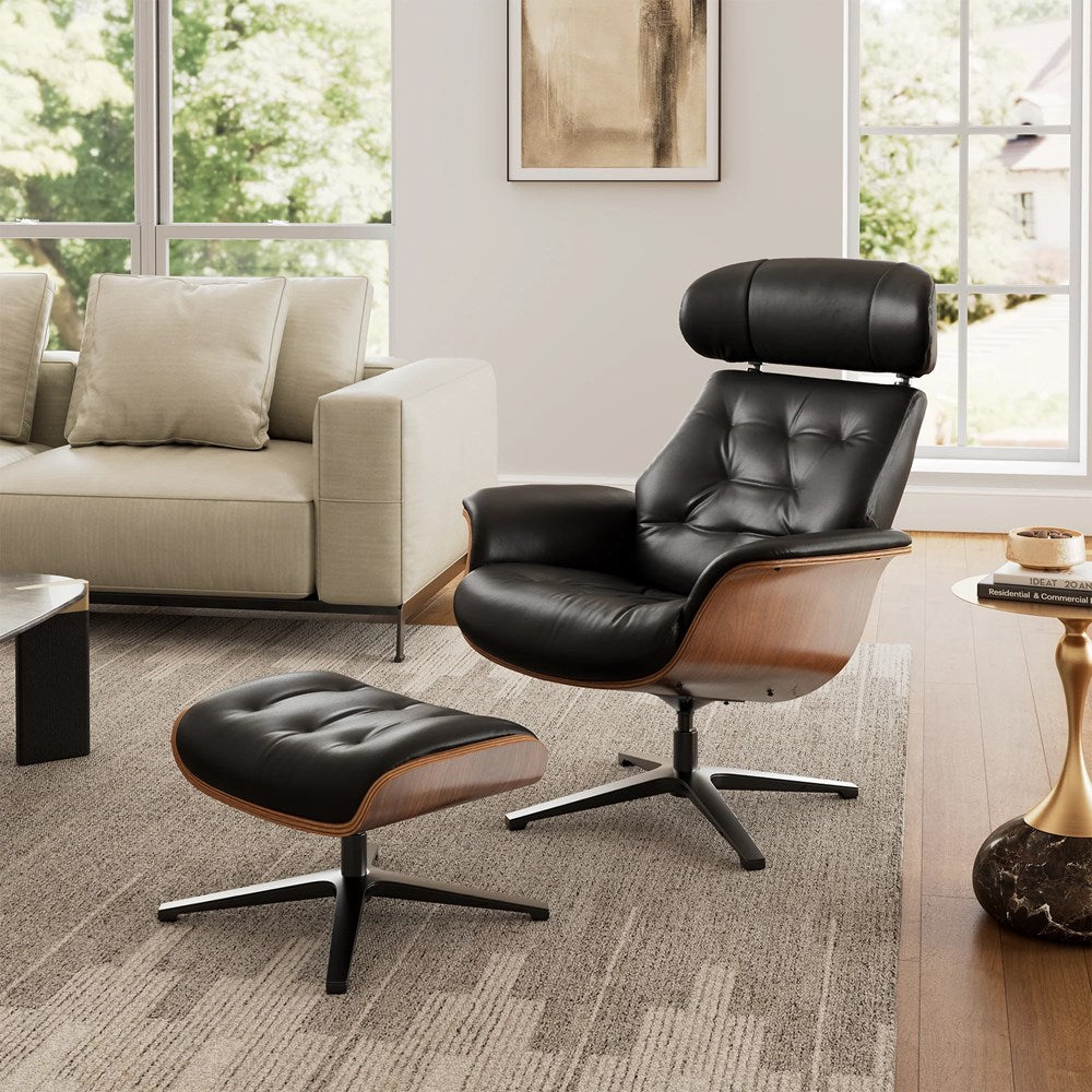Eureka Matteo Black LC30 Genuine Leather Reclining Swivel Lounge Chair with Adjustable Headrest & Ottoman