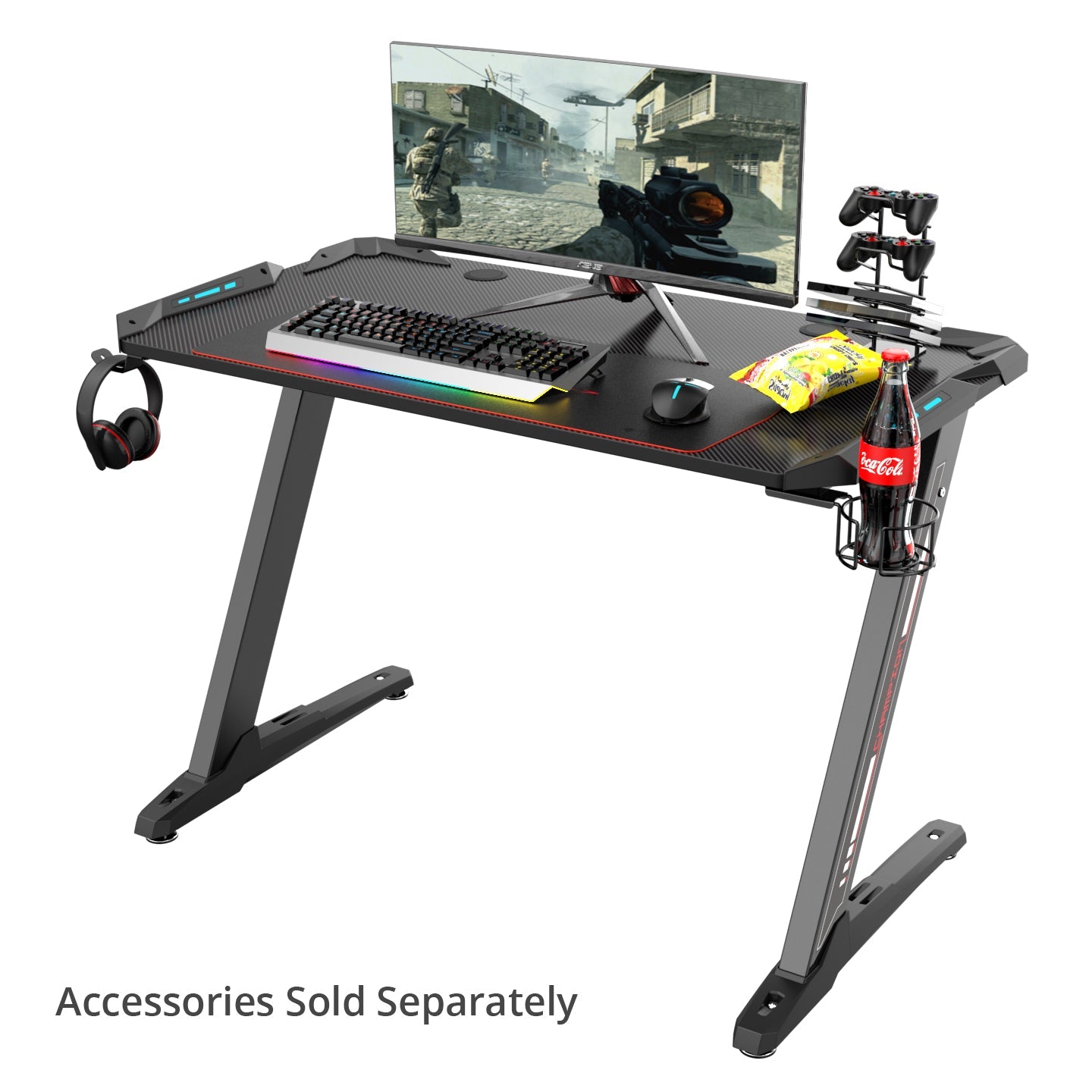 Eureka Ergonomic Z1-S BLACK Gaming Desk with Blue LED Lights, /113cm(W), Controller Stand, Cup Holder & Headphone Hook