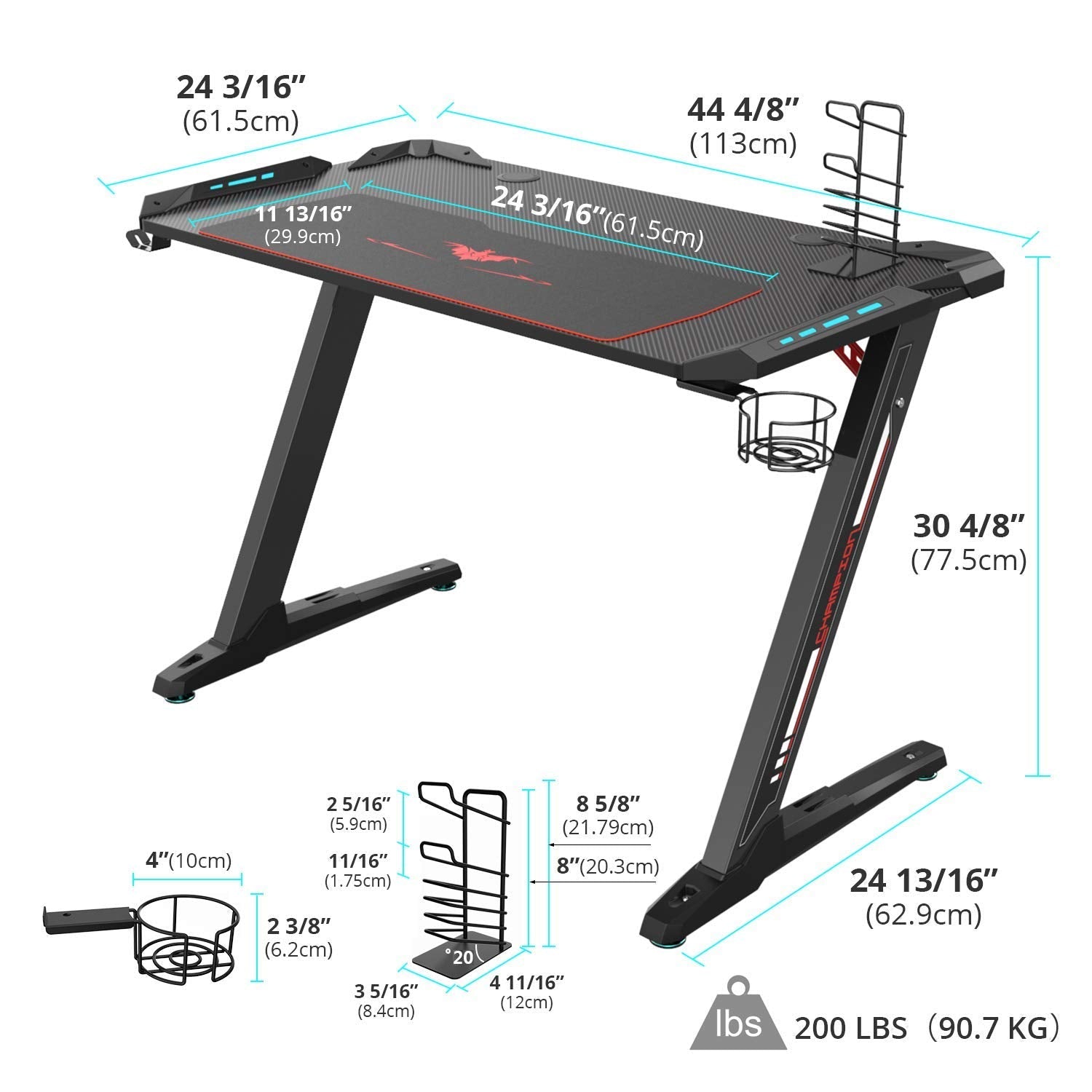 Eureka Ergonomic Z1-S BLACK Gaming Desk with Blue LED Lights, /113cm(W), Controller Stand, Cup Holder & Headphone Hook