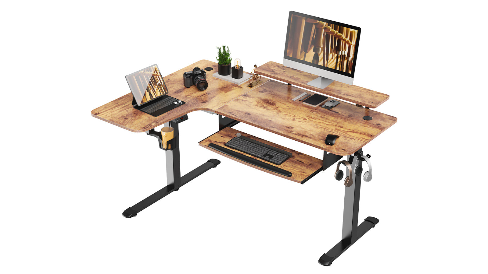 Eureka 60" L Shaped Electric Standing Rustic Brown Desk - Left Side /1155 x 1100 x 873